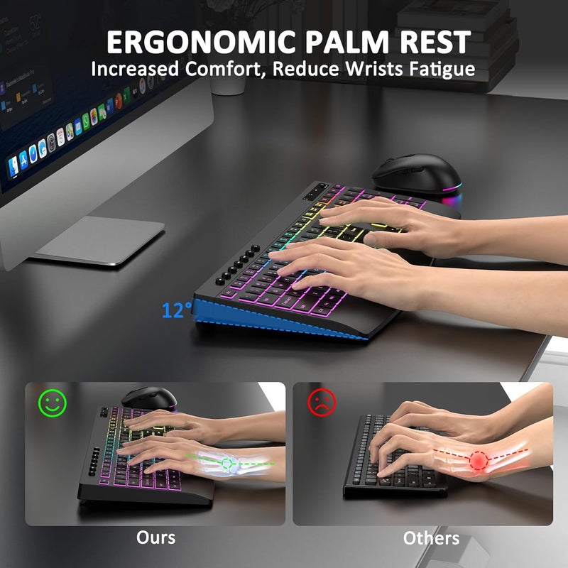 EDJO Wireless Keyboard and Mouse Combo, 9 Backlit Effects, Rechargeable 4000mAh Backlit Keyboard with Wrist Rest, 6 Button Mouse, 2.4G Full Size Quiet Keyboard Set for Computer, PC, Laptop, Mac, Windows - Image 3